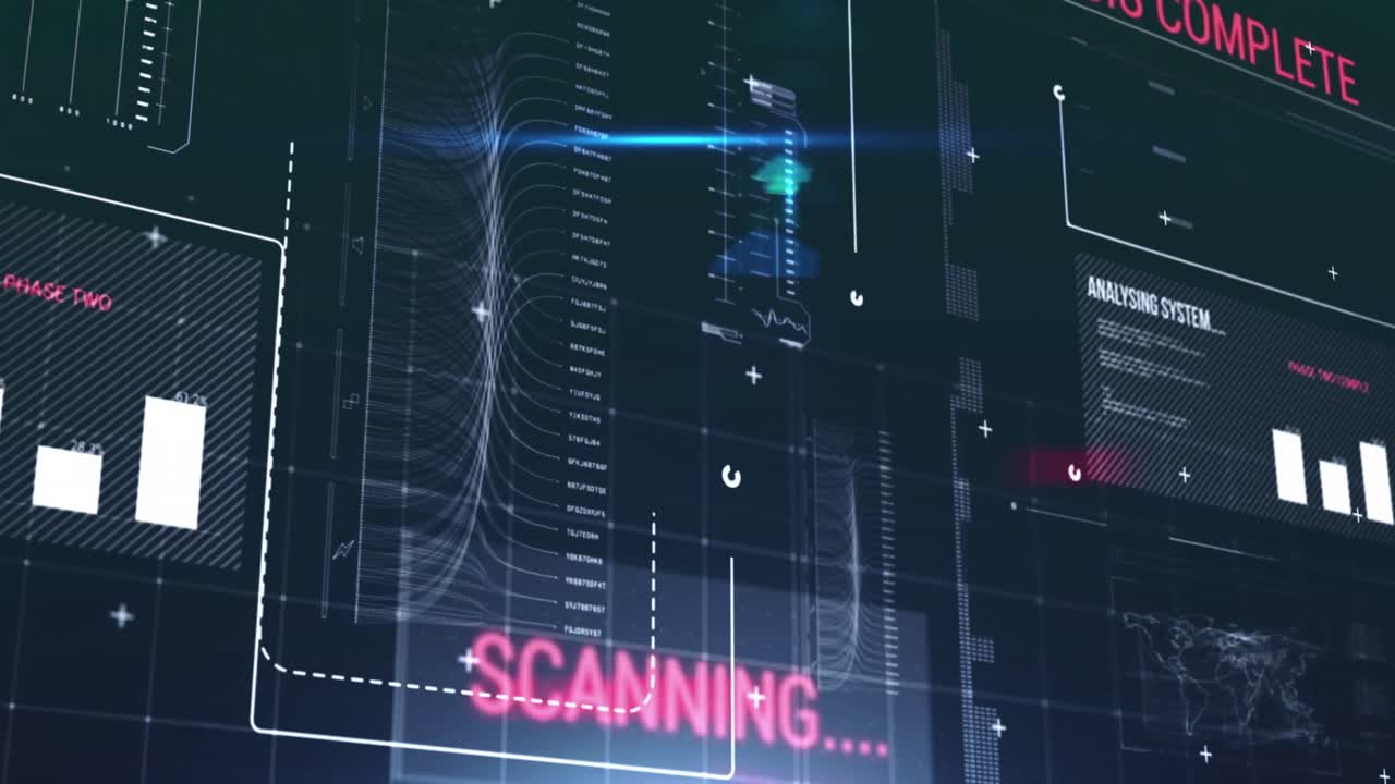 Animation of data processing over screen on dark background