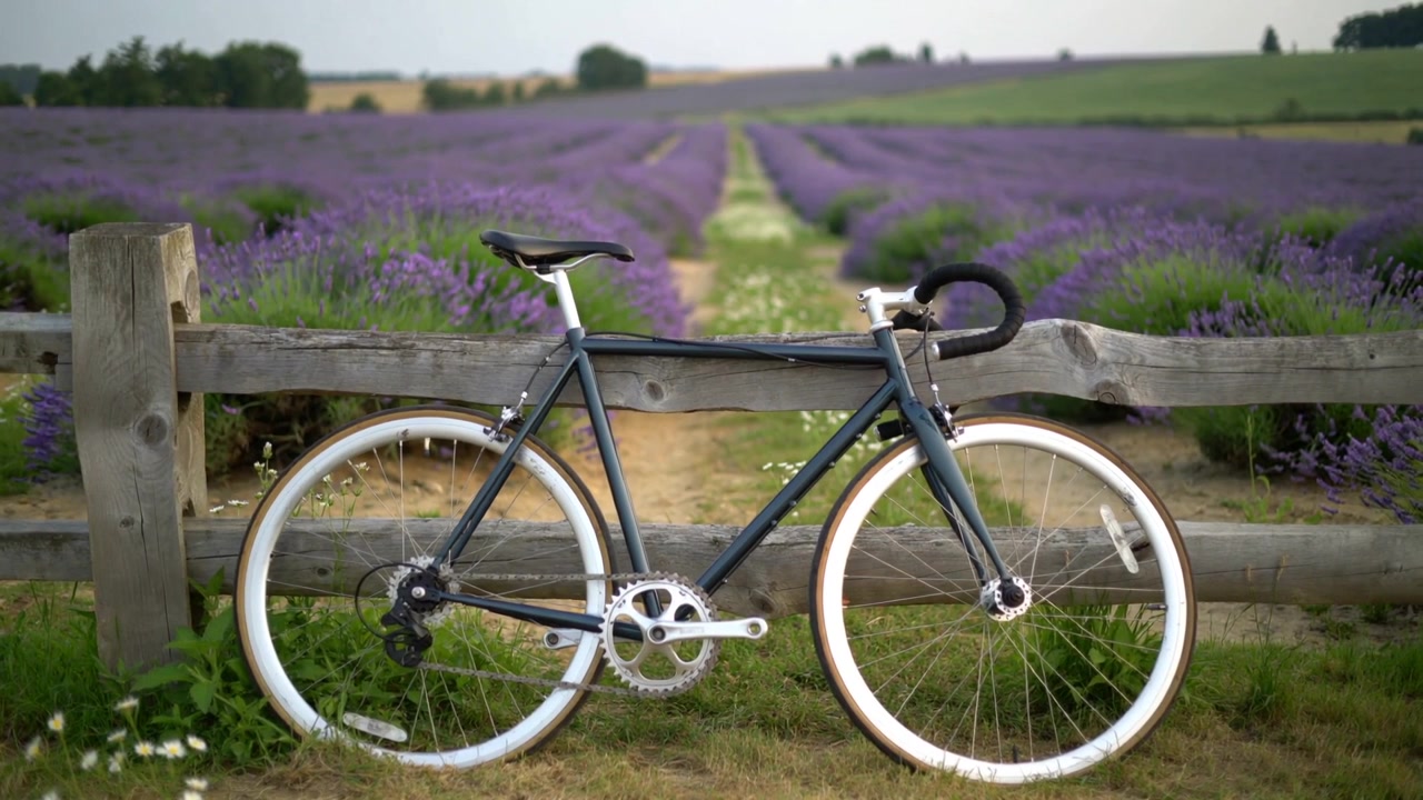 Opnamecamera legt fixie fiets vast die tegen hek leunt op lavendelveld voor focustest.