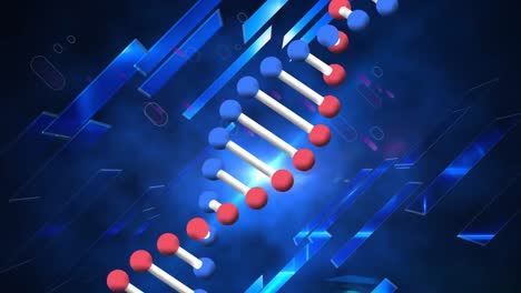 Animation-of-dna-strand-and-purple-lines-over-blue-squares-on-black-background