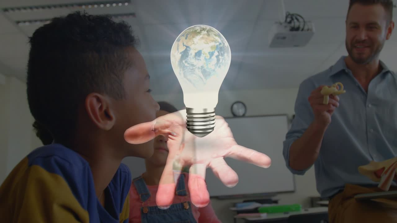 Ragazzo che guarda l'insegnante mostrare un aeroplano, avviando una sovrapposizione luminosa a forma di globo terrestre che si centra sulla classe