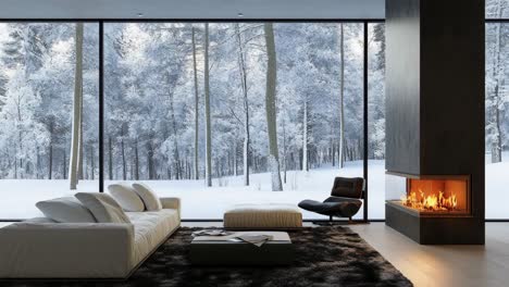 modern winter living room with fireplace and forest view