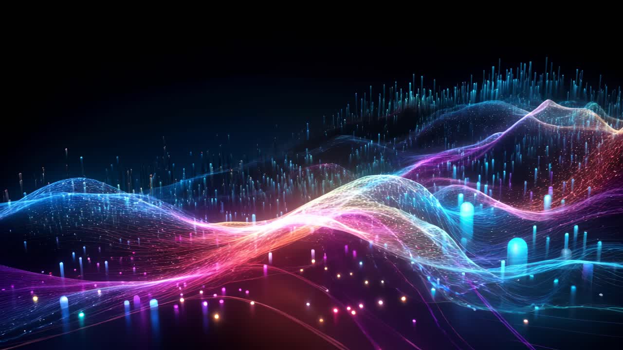 Dynamic, colorful digital waves and particles in a futuristic style