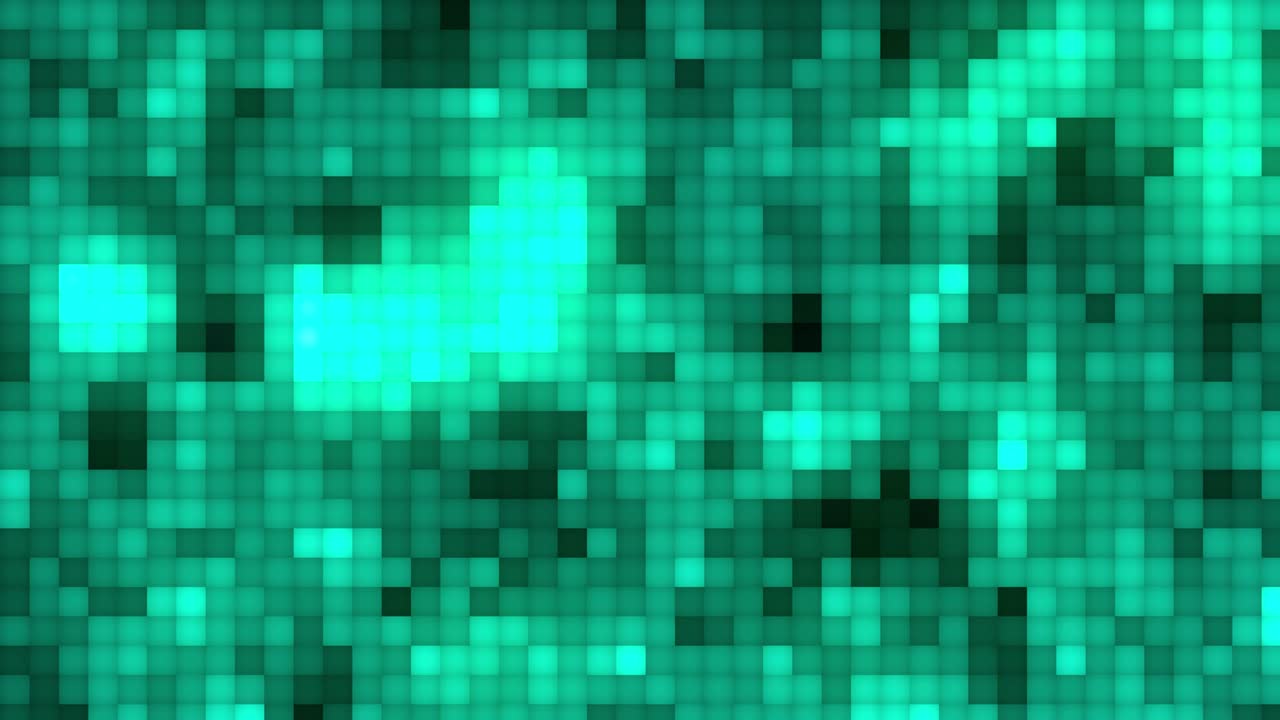 azulejos pixelados verdes futuristas mosaico. fondo de bloque de píxeles. tecnología cuadrados movimiento con luz de brillo dinámico. fondo de bucle sin costuras abstracto