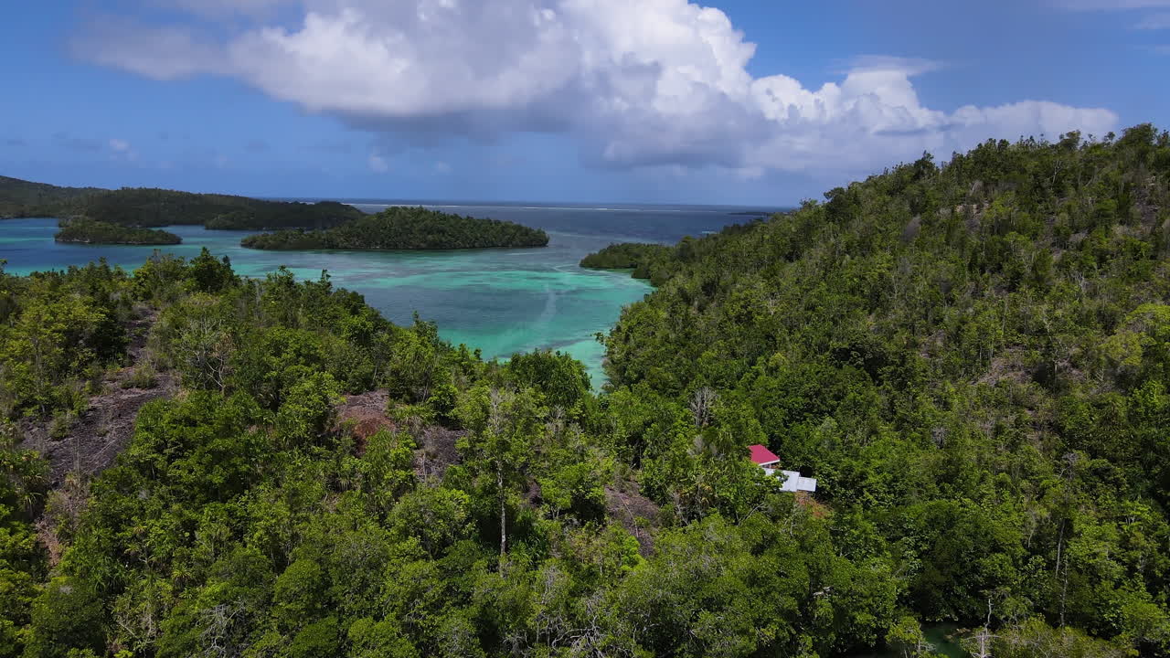 A Jetty Leading to a Boat and the Vibrant Turquoise Waters of Matano Lake, Surrounded by Lush Green Hills, in Sulawesi, Indonesia - Drone Flying Forward