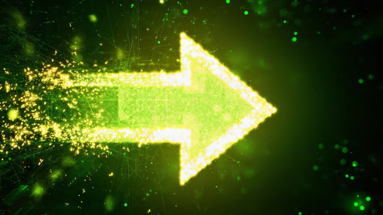 Glowing green digital arrow sign made of particles and plexus network moving forward on a dark background, representing concepts like progress, growth, direction, and future technology