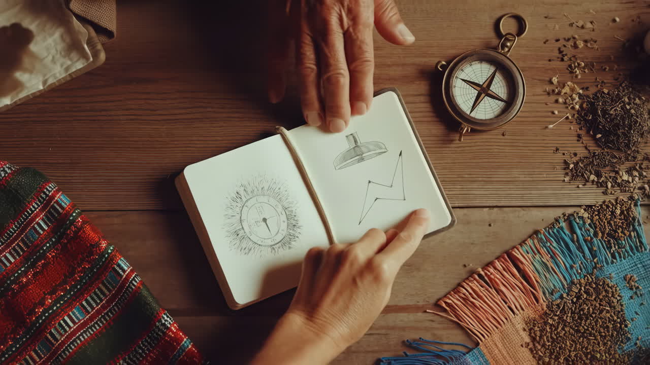 Old compass and notebook with sketches on a wooden table