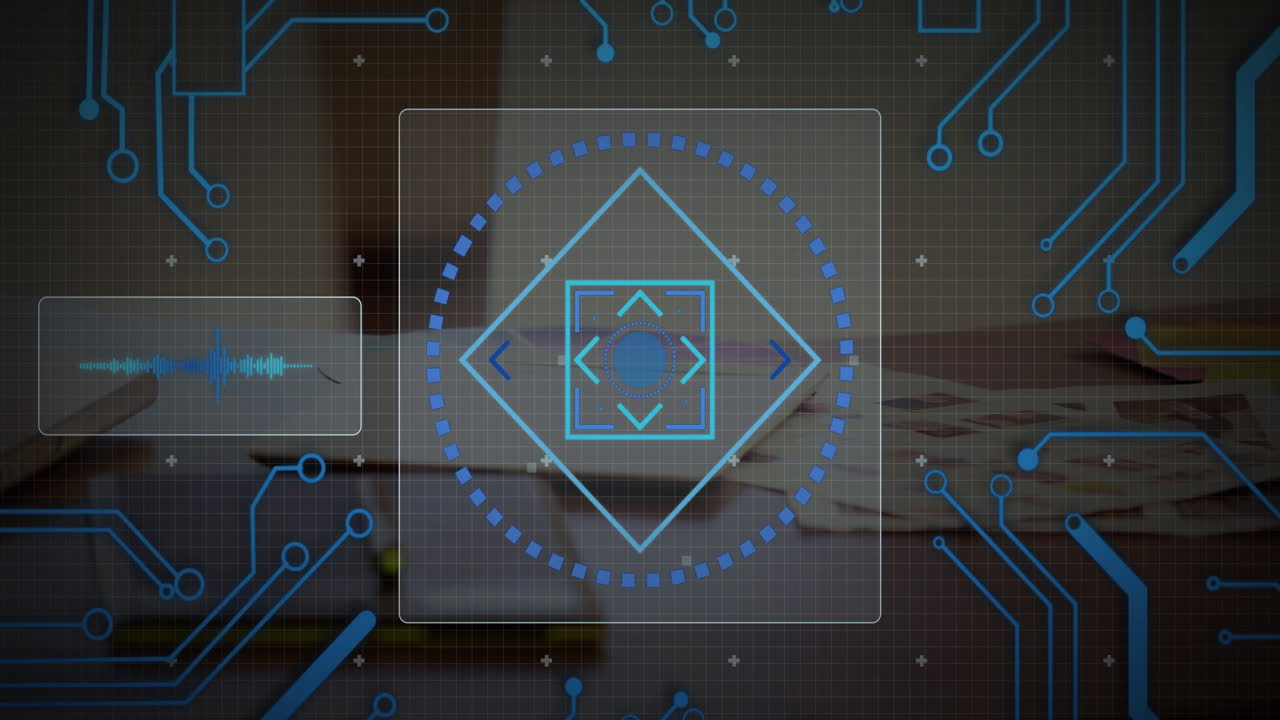 Futuristic HUD overlay being displayed over blurred desk with concentric shapes, circuit lines