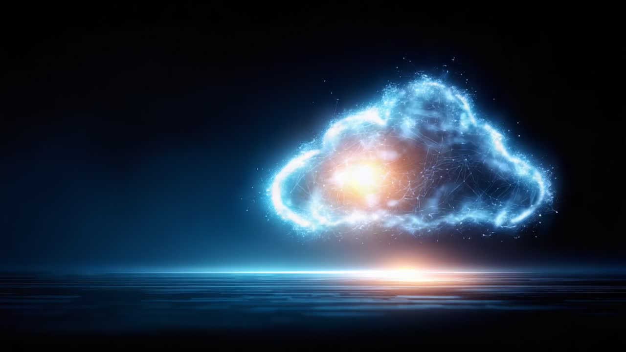 A Stunning Visual Representation of a Cloud with Shimmering Light and Digital Connections, Illuminating a Dark Background in a Futuristic Aesthetic