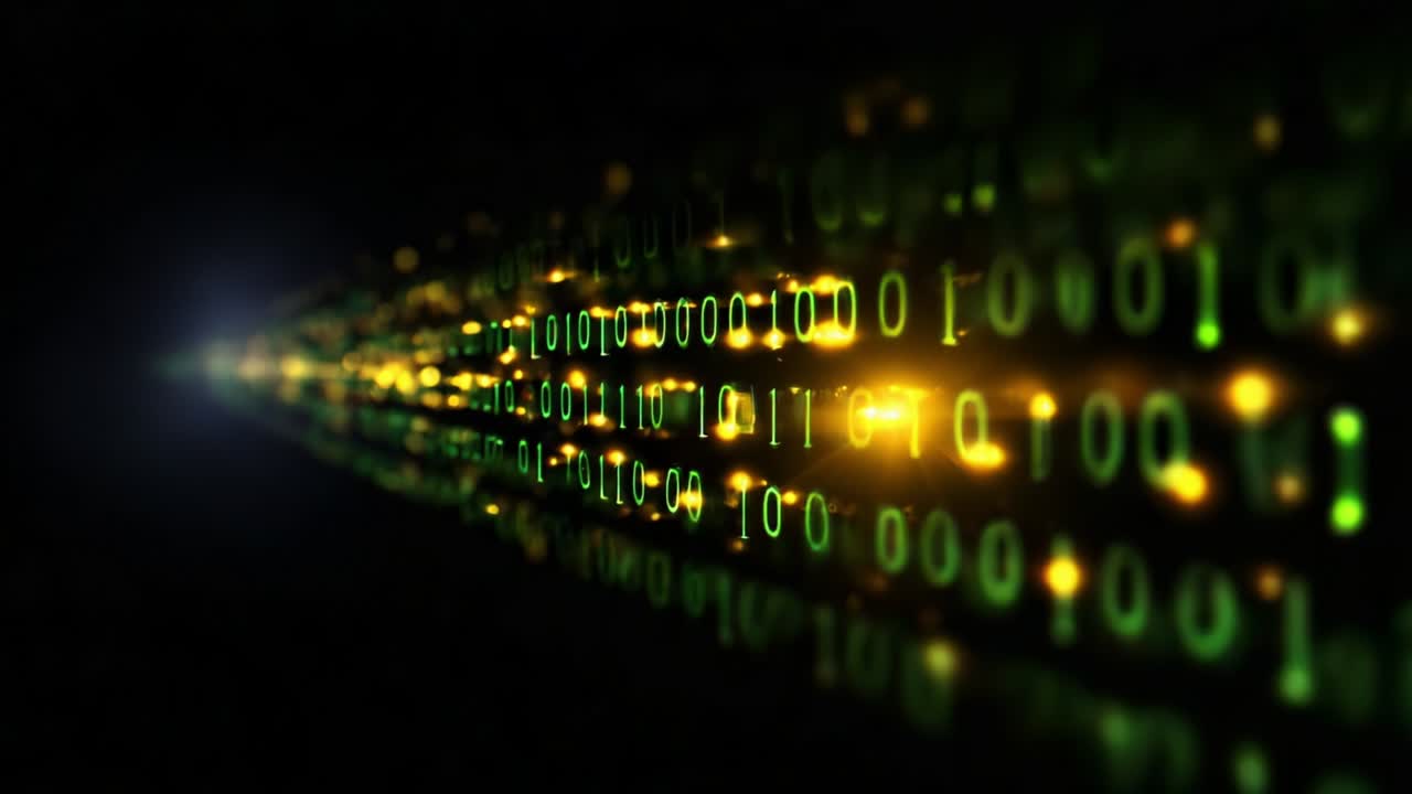 Illuminated Binary Code Flow: A Stunning Visualization of Data Transmission with Bright Numbers Set Against a Dark Background, Representing the Pulse of Digital Communication in Modern Technology