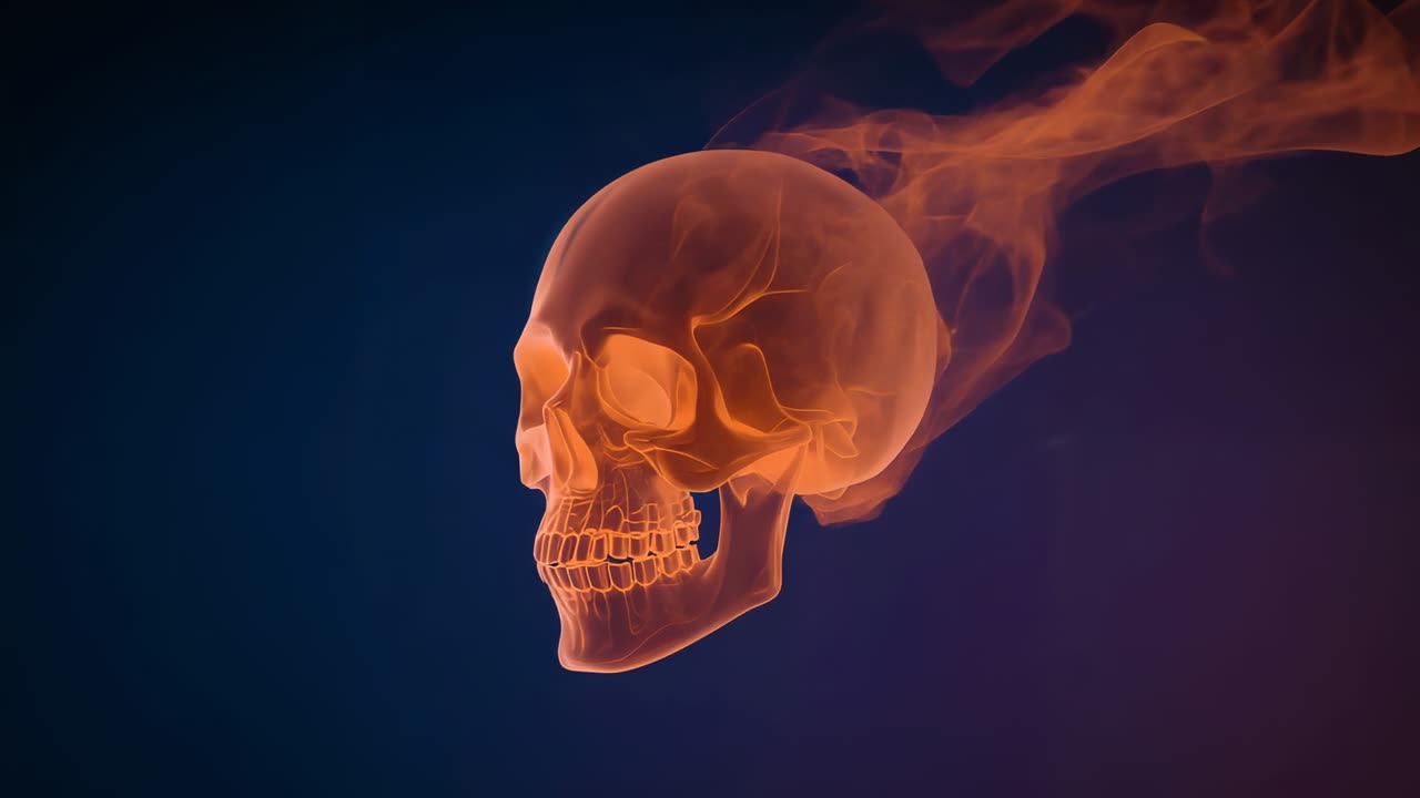 Scene opening revealing glowing orange skull rotating in navy-purple void, with trailing fire plume