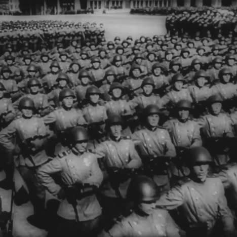 russian troops march in formation during world war two