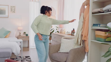 morning hurry and woman in home bedroom late