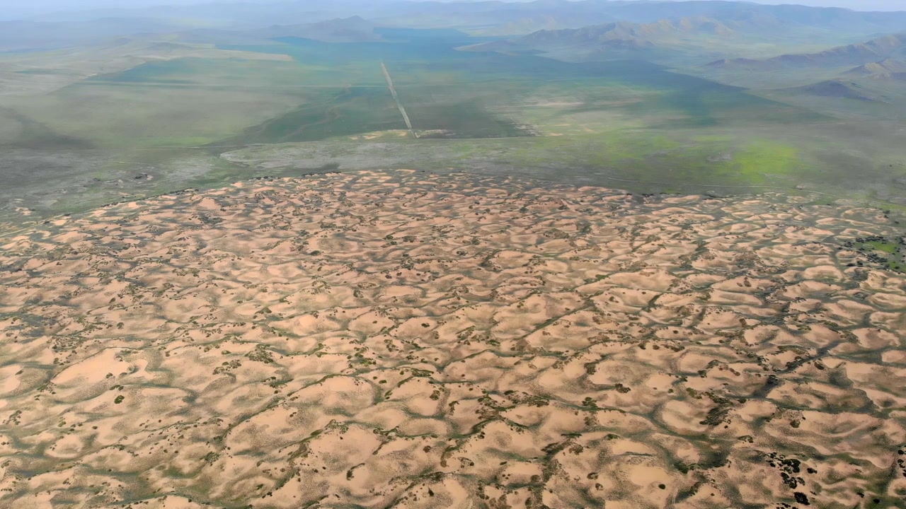 Vista aerea di vaste dune di sabbia al confine con praterie verdi