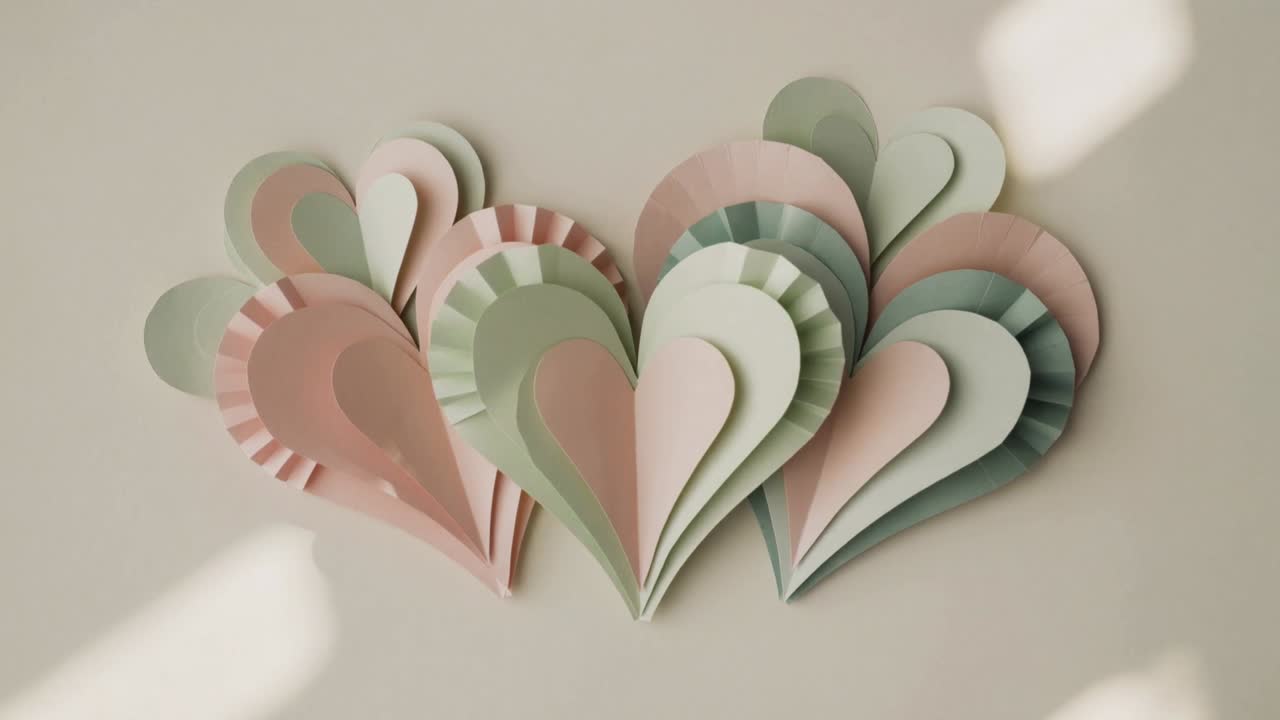 Luce solare diffusa che entra dalla finestra e illumina una parete beige, creando una delicata profondità su cuori di carta color pastello a strati