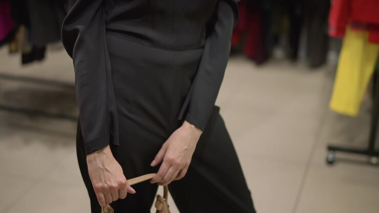 Primo piano di una donna che indossa un abito nero a spalle scoperte con illuminazione soffusa, mentre tiene la tracolla di una borsa beige in un ambiente di vendita al dettaglio al chiuso. La scena mostra il suo busto e le sue mani contro abiti sfocati.