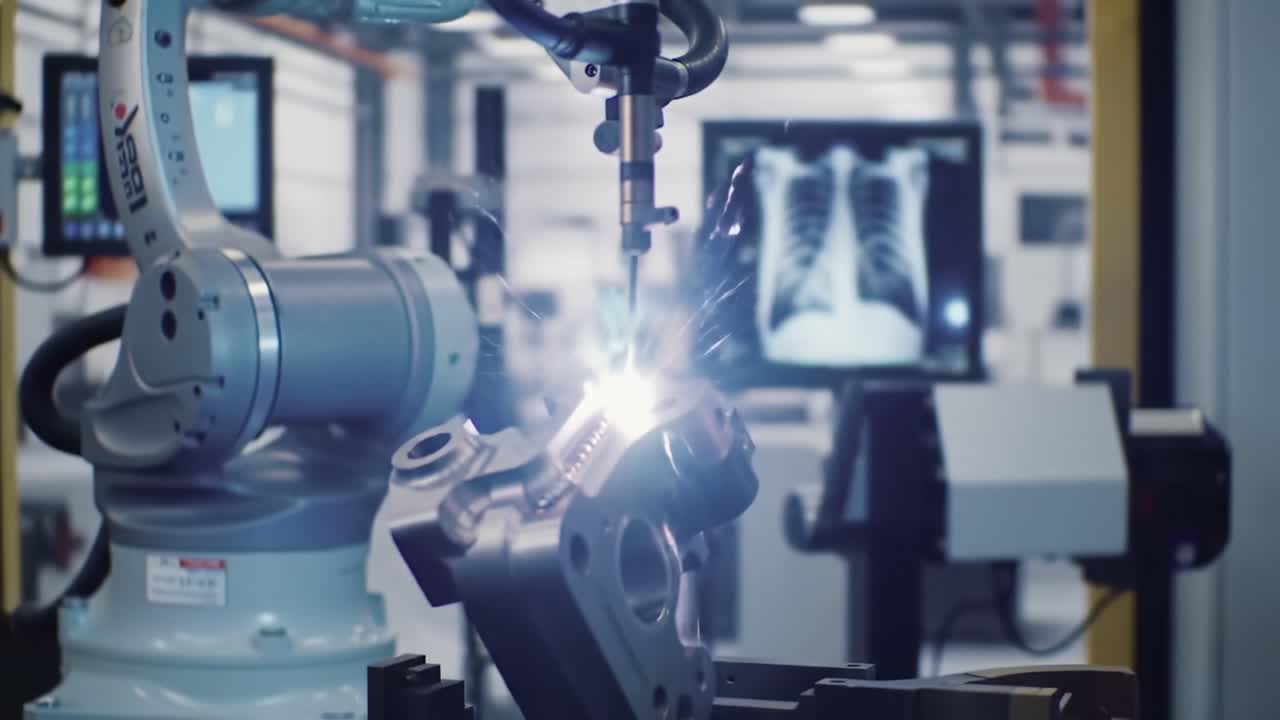 Advanced Robotic Welding Process Captured in a Manufacturing Environment with Sparks and Laser Technology in Action