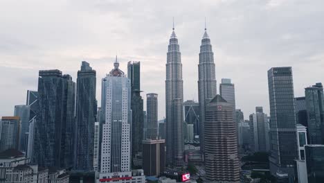 drone establishing shot at business center of kuala lumpur on cloudy day aerial view
