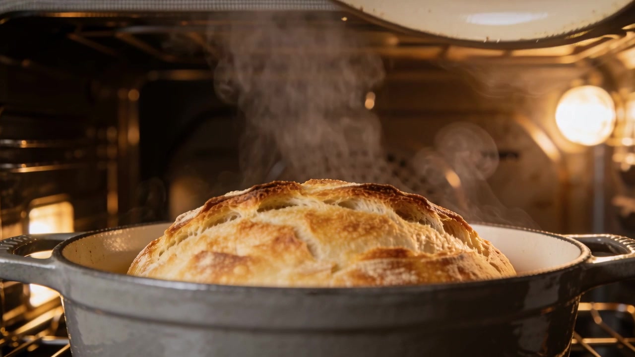 Levantando la mano para revelar un pan abovedado en una olla de hierro fundido sobre la rejilla del horno, liberando vapor que muestra una corteza dorada