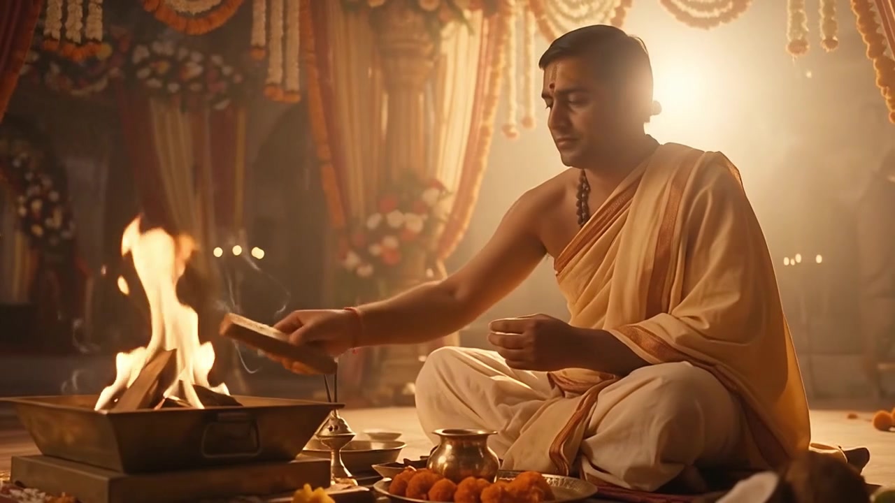 Hindu Priest Performing Traditional Fire Ritual in Temple