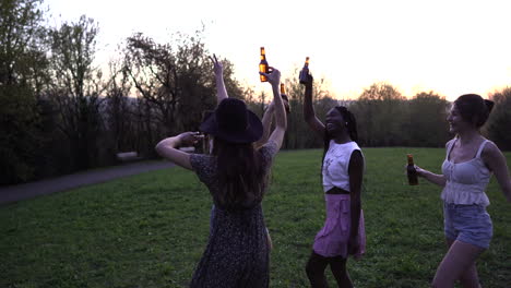 company of multiracial female friends clinking bottles in park at sunset