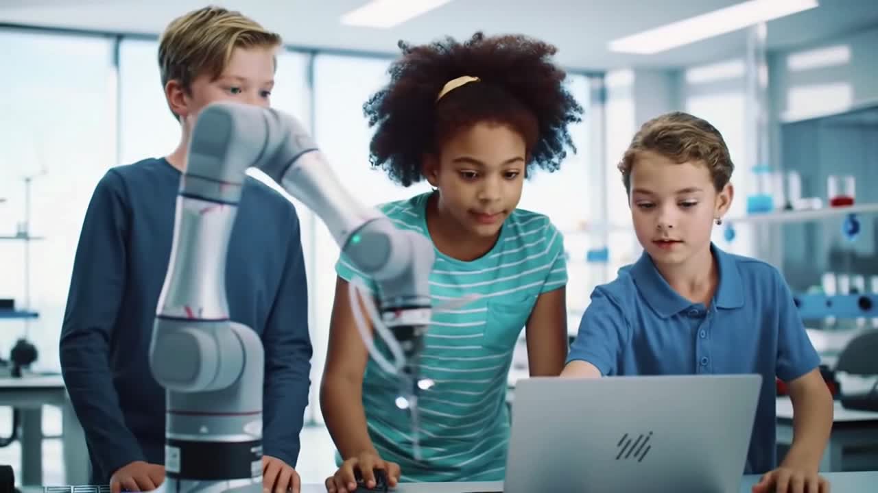 A group of children are working on a project with a robot
