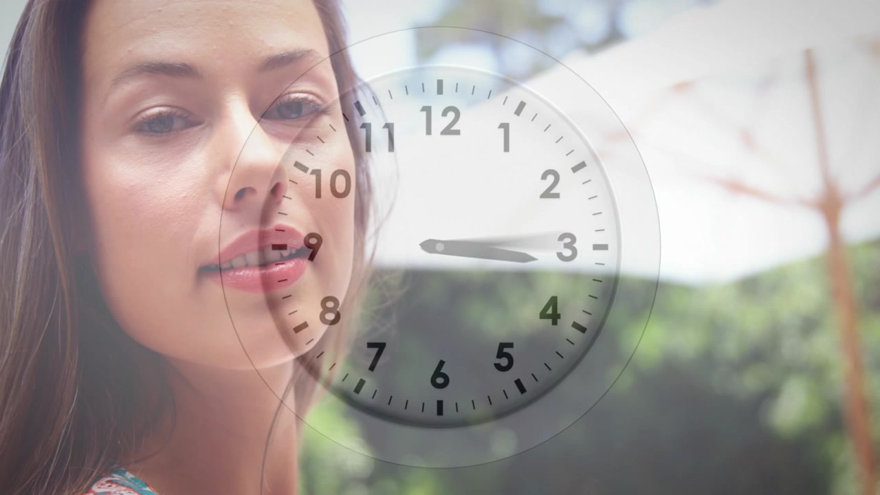 Clock overlay rotating over woman turning from profile to frontal while opening eyes for marketing