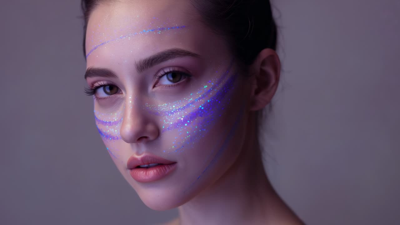 Revealing model tilting head, opening eyes, turning to camera in studio, showcasing glitter stripes
