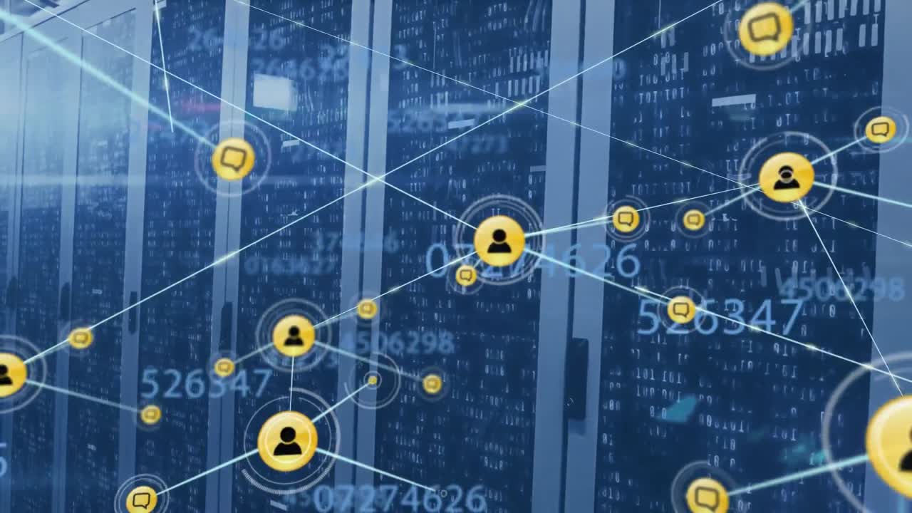 컴퓨터 서버를 통해 아이콘을 가진 연결 네트워크의 애니메이션