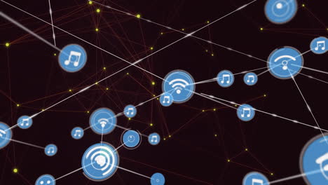 animación de la red de conexiones con iconos digitales sobre puntos amarillos
