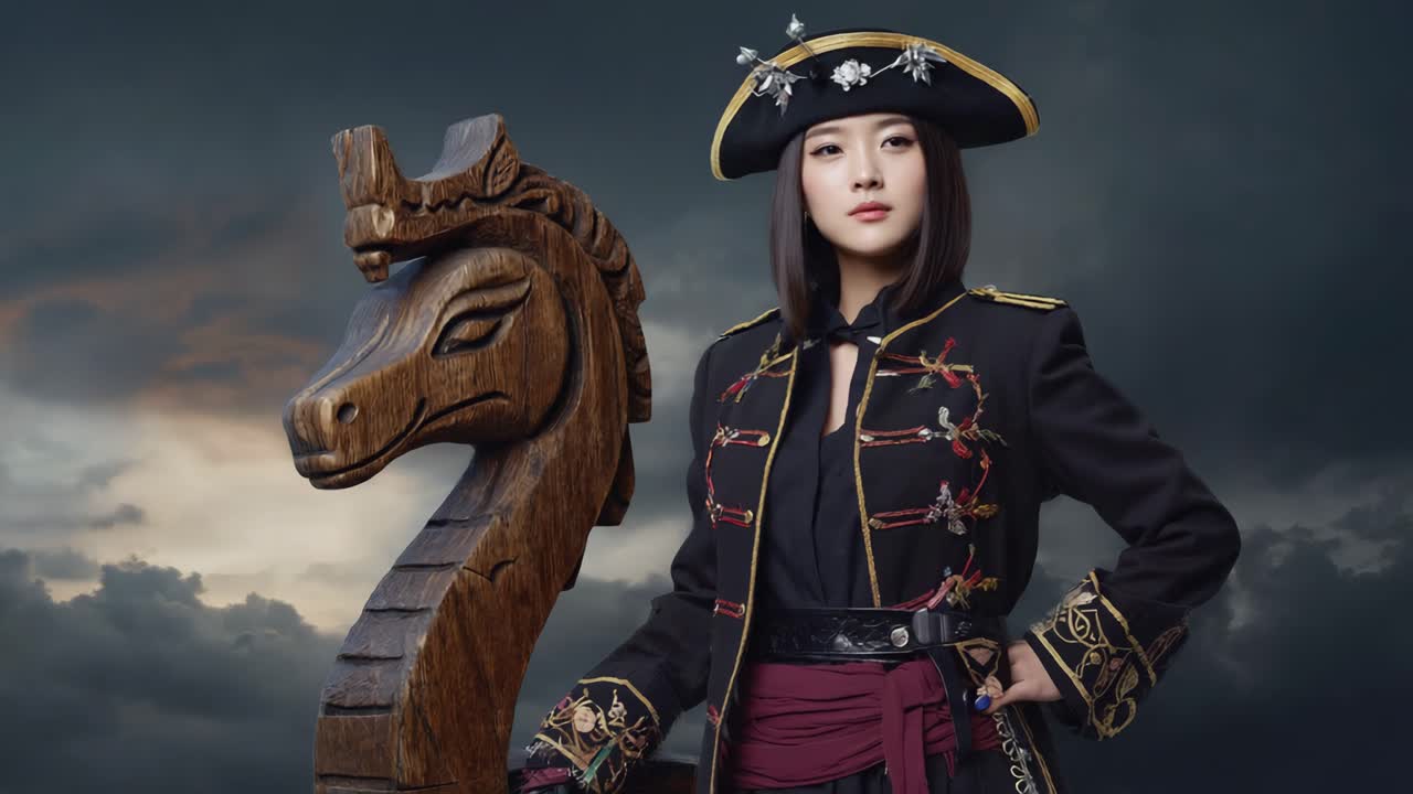 Woman in Pirate Costume with Wooden Horse Carving