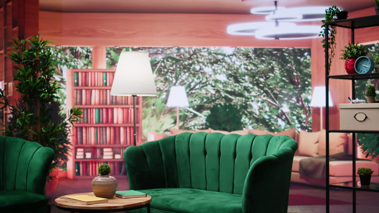 녹색 의자 와 아 한 나무 테이블 이 있는 현대적 인 빈 집 인테리어