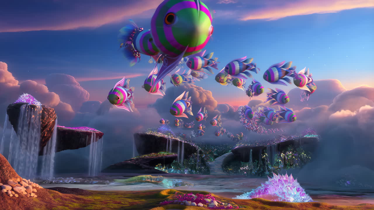 Whimsical Flying Fish Over a Dreamlike Fantasy Landscape