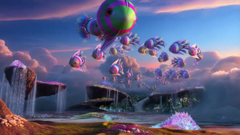whimsical flying fish over a dreamlike fantasy landscape