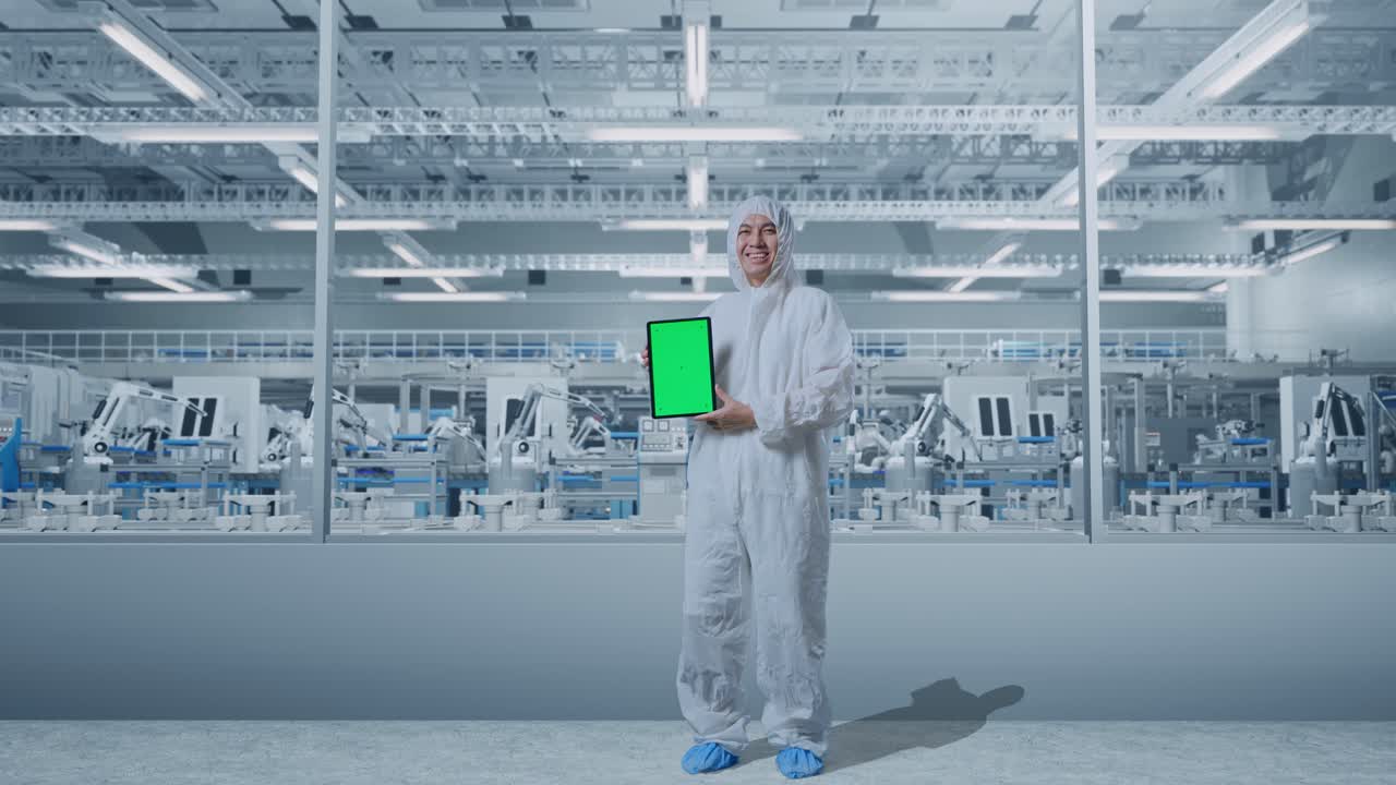 Full Body Of Asian Male Scientist Smiling And Showing Green Screen Tablet While Standing In Modern Lab Factory with Automated Robots
