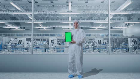 full body of asian male scientist smiling and showing green screen tablet while standing in modern lab factory with automated robots