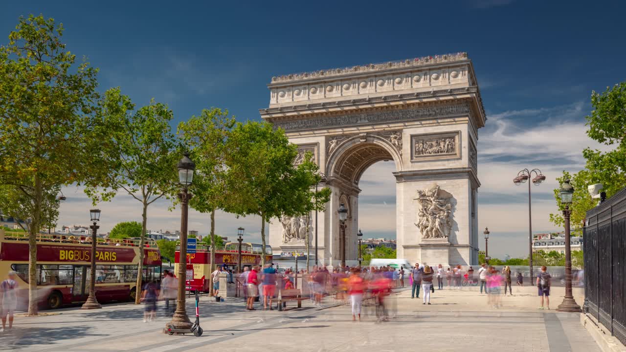 paris city sunny day famous arch crowded traffic square timelapse panorama 4k france