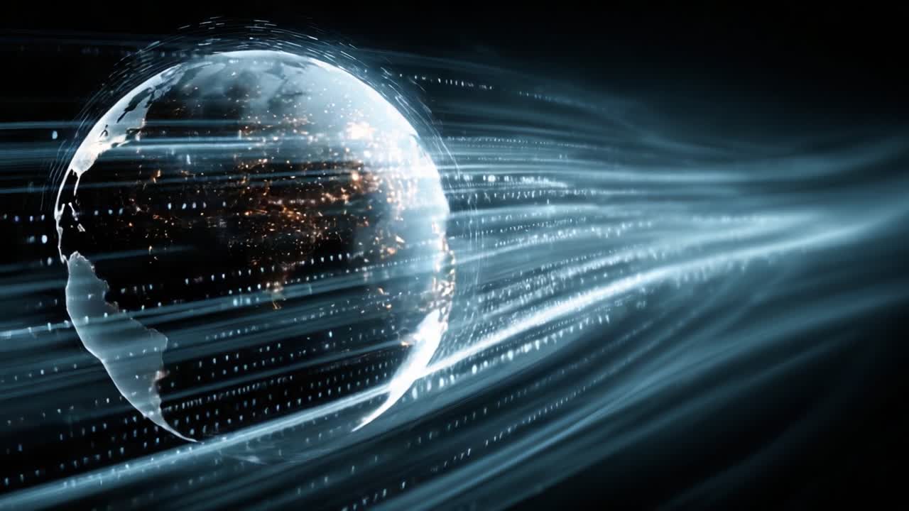 A Dynamic Visualization of Earth Highlighting Advanced Data Streams and Light Effects, Representing Modern Technology and Global Connectivity in a Digital Universe