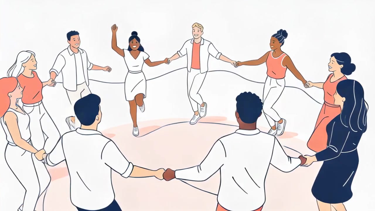 Raising arm, leader launching group stepping and hopping bonding on pink floor, linked hands, shoes
