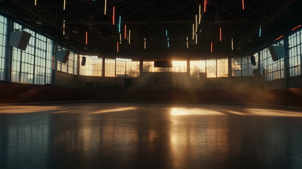 Wide view of a spacious empty sports hall with tall windows, hanging lights, and warm sunbeams crossing a polished floor, creating a quiet industrial mood