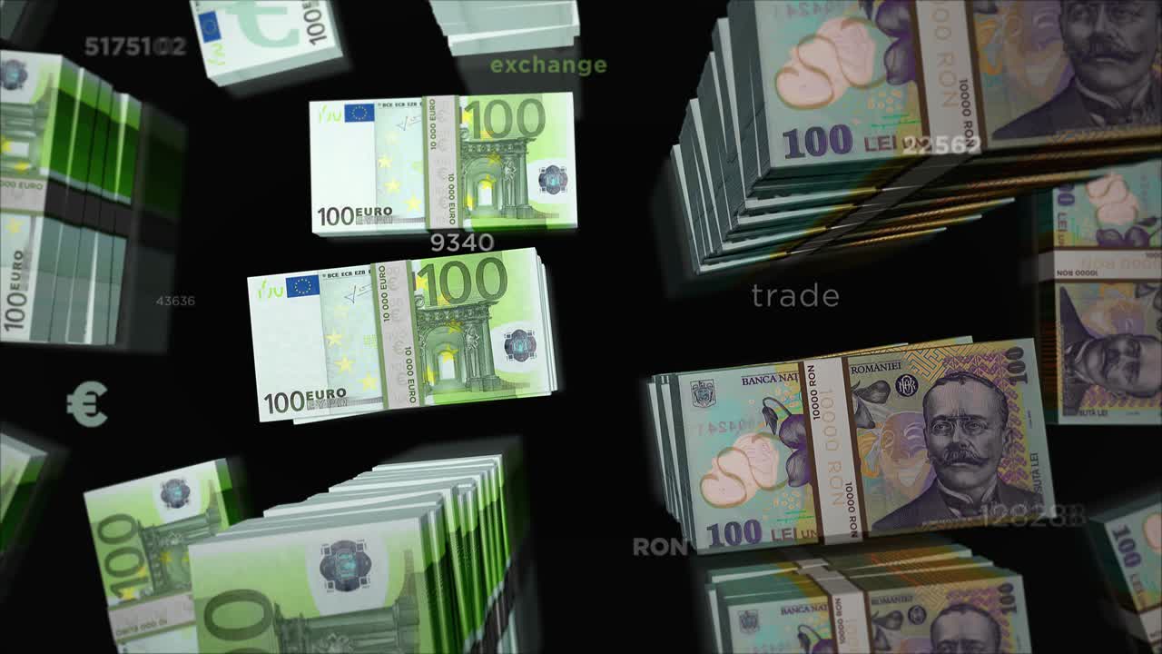 유로와 루마니아 레이 화폐 교환 루프 애니메이션