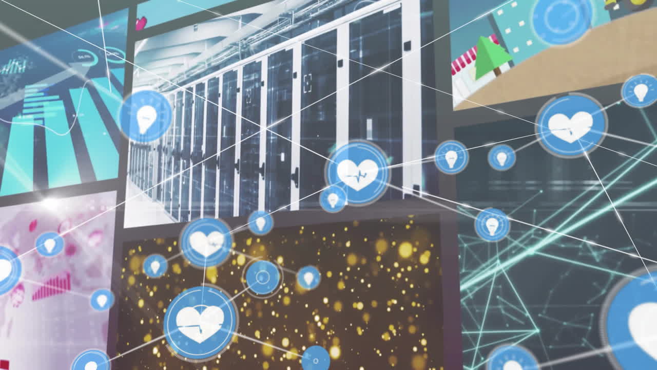 Animation of heart rate icons and data connections in digital server room