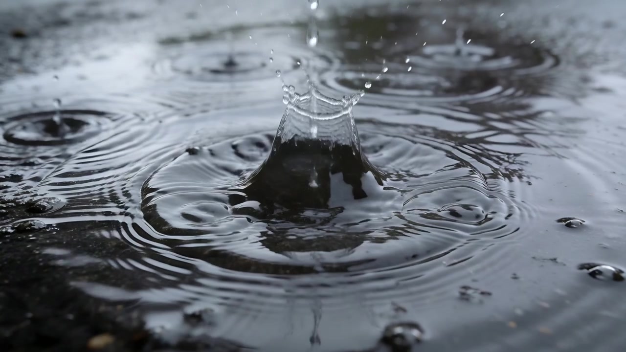Falling raindrops striking puddle on asphalt, forming crown splash and rising jet, reflecting trees