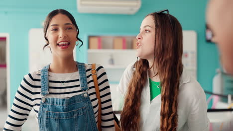 happy, laughing and woman friends in a bakery to