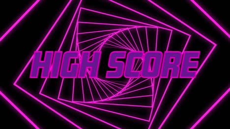 purple high score text against pink squares spinning in seamless motion on black background