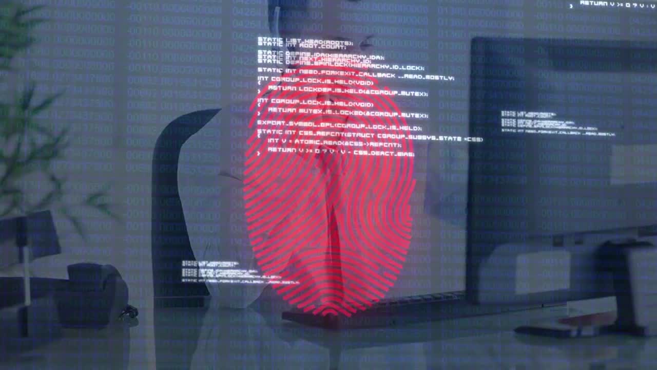animación de huellas dactilares y procesamiento de datos sobre un hombre de negocios con auriculares