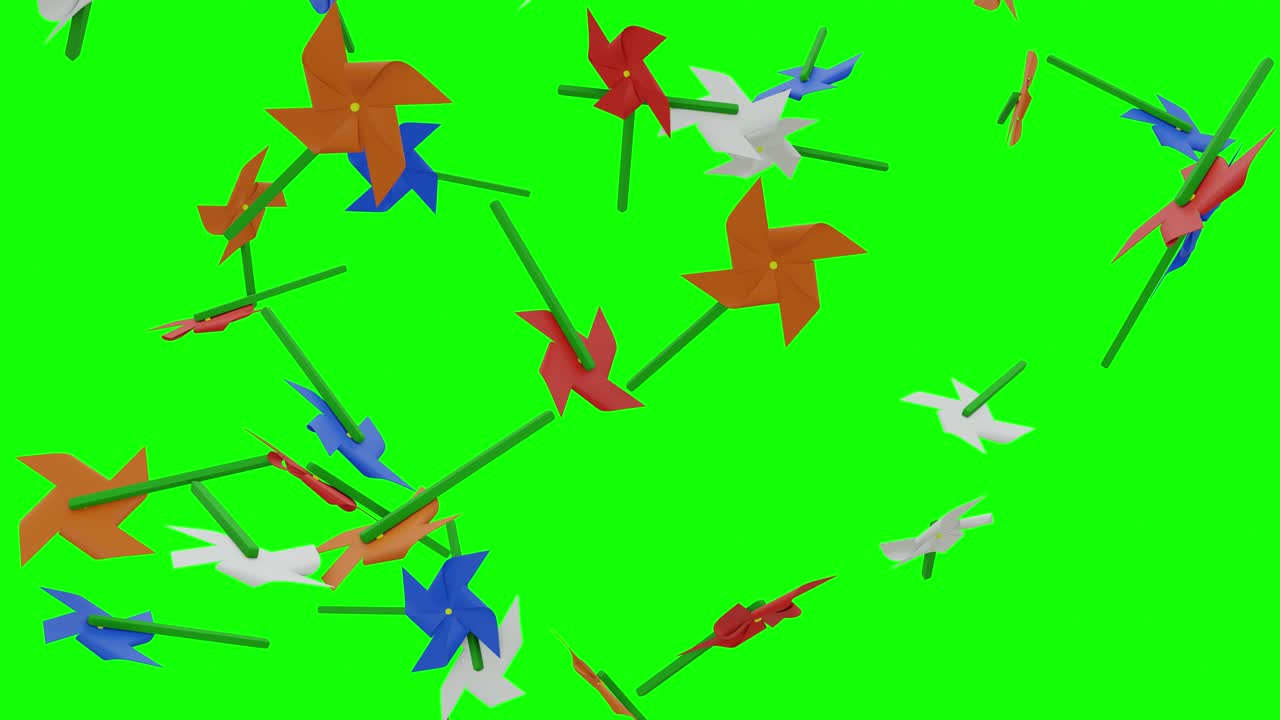 바람 팬 장난감, 알파 매트가 있는 녹색 화면에 떨어지는 다채로운 팬 장난감 소용돌이