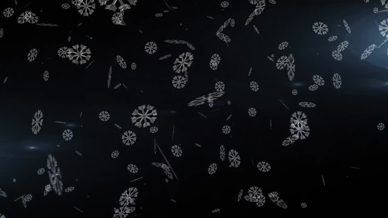 Animation of falling snowflakes and fireworks over dark background