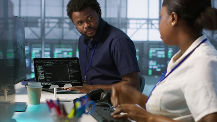 Team of programmers collaborating