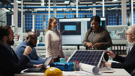 shareholders meeting in photovoltaics plant, analyzing market trends