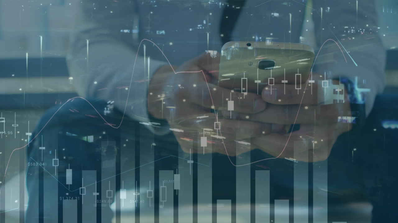 animación de estadísticas y procesamiento de datos financieros sobre el hombre utilizando teléfonos inteligentes
